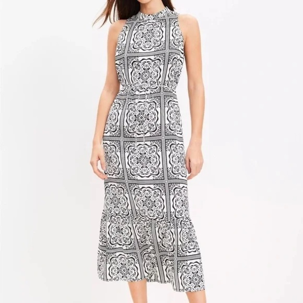 LOFT Sleeveless Tile Print Midi Dress Women’s XL NWT Black & White Ruffle Hem